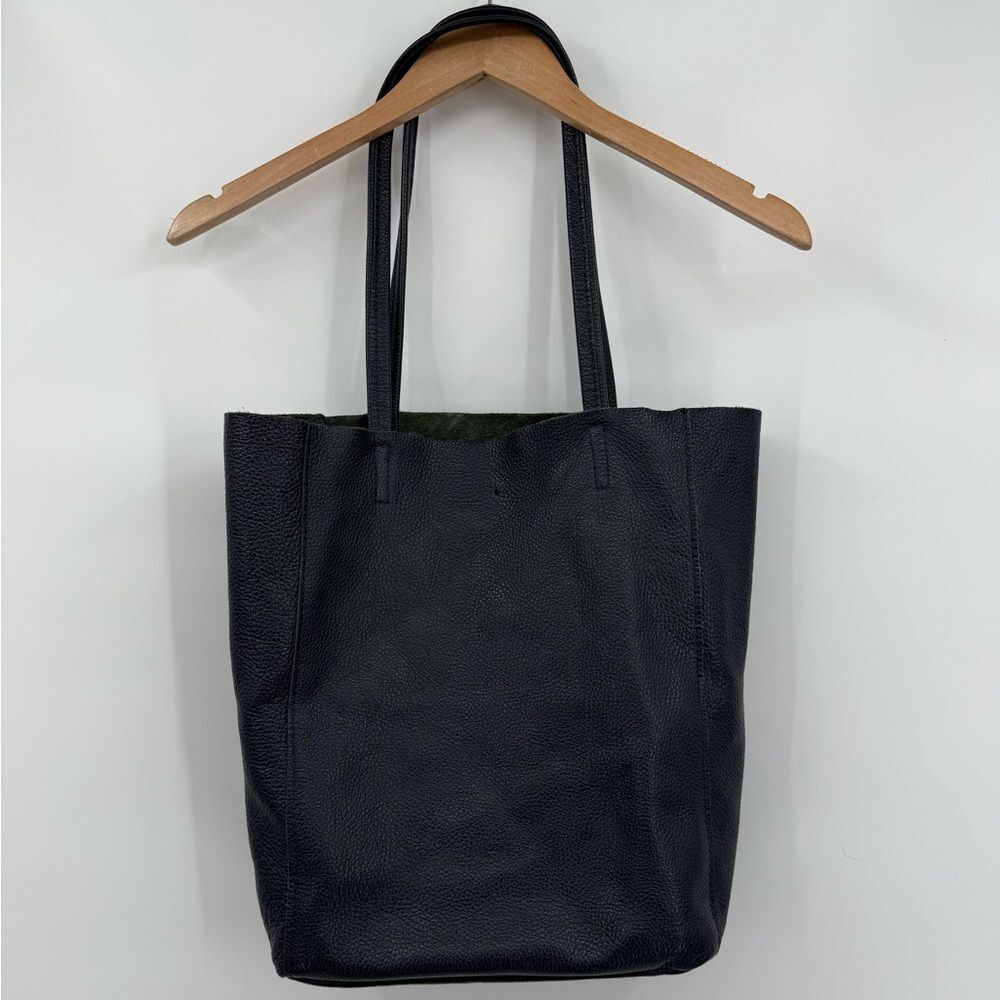 Borse In Pelle Italian Pebbled Leather Tote Bag in Navy | 10.5" x 4.75" x 14"